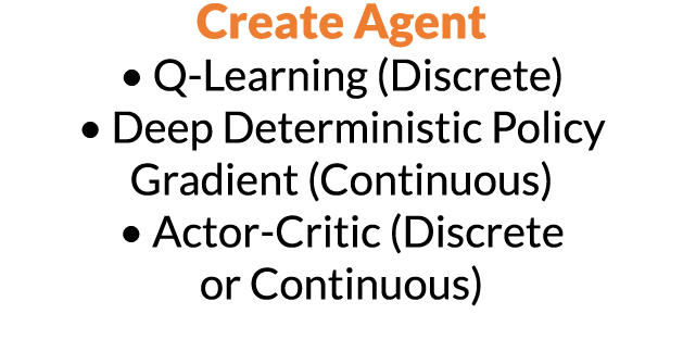 Create Agent   Q-Learning (Discrete)   Deep Deterministic Policy Gradient (Continuous)   Actor-Critic (Discrete or Co   