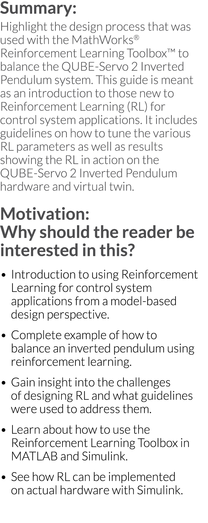 Summary: Highlight the design process that was used with the MathWorks   Reinforcement Learning Toolbox  to balance t   