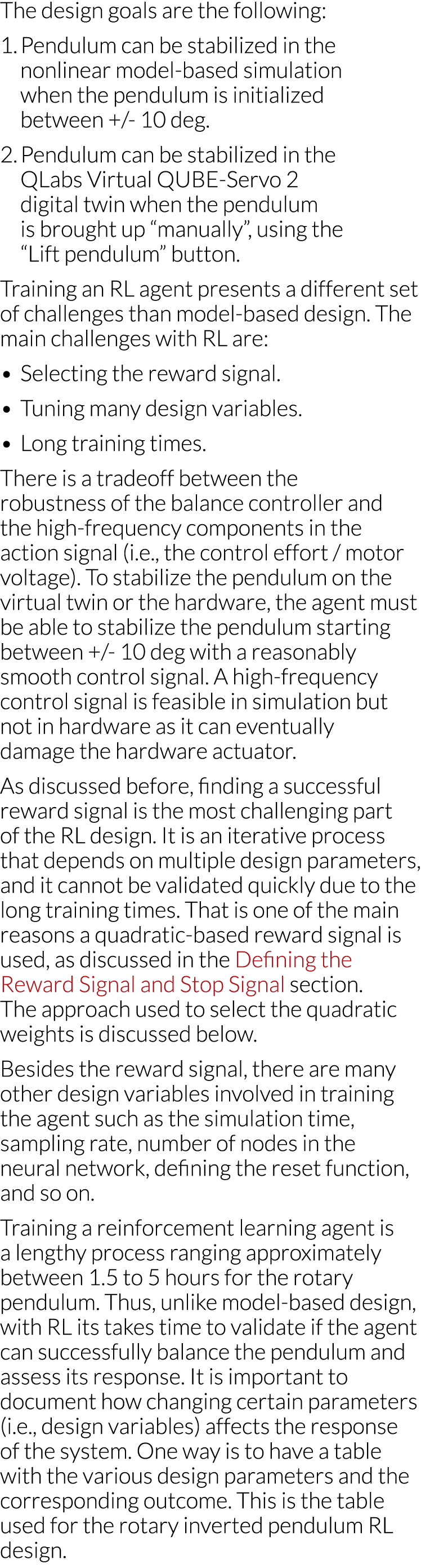 The design goals are the following: 1  Pendulum can be stabilized in the nonlinear model-based simulation when the pe   