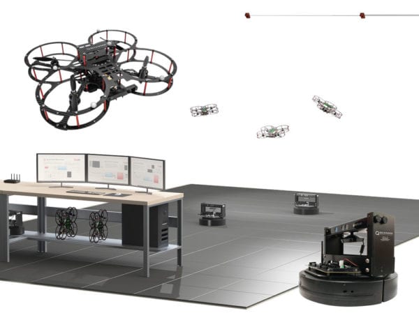 Autonomous Vehicles Research Studio featuring Qdrone quardotor and QBot ground robot