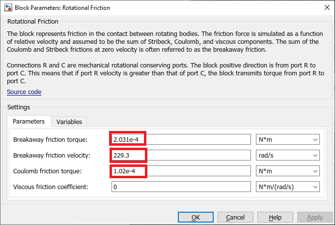 Rotational friction block parameters